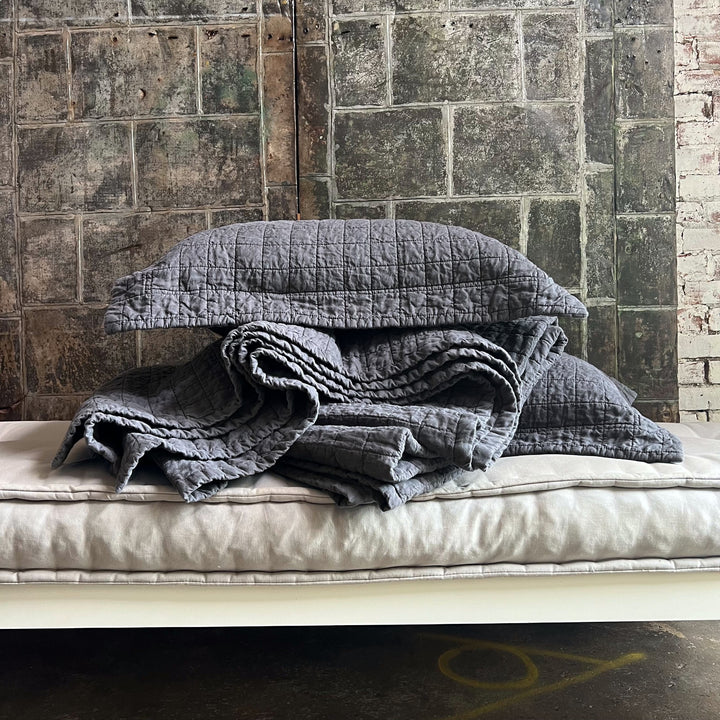 Graphite Quilted Linen Coverlet