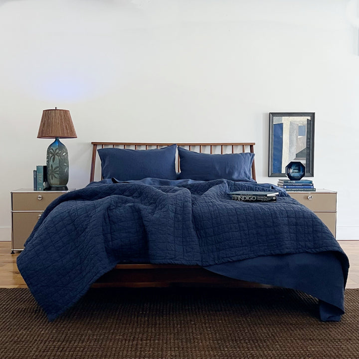 Navy Quilted Linen Coverlet