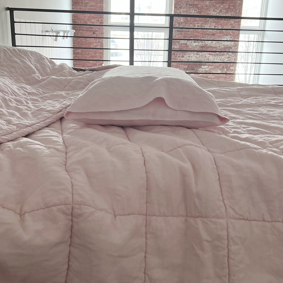 Powder Pink Quilted Linen Coverlet