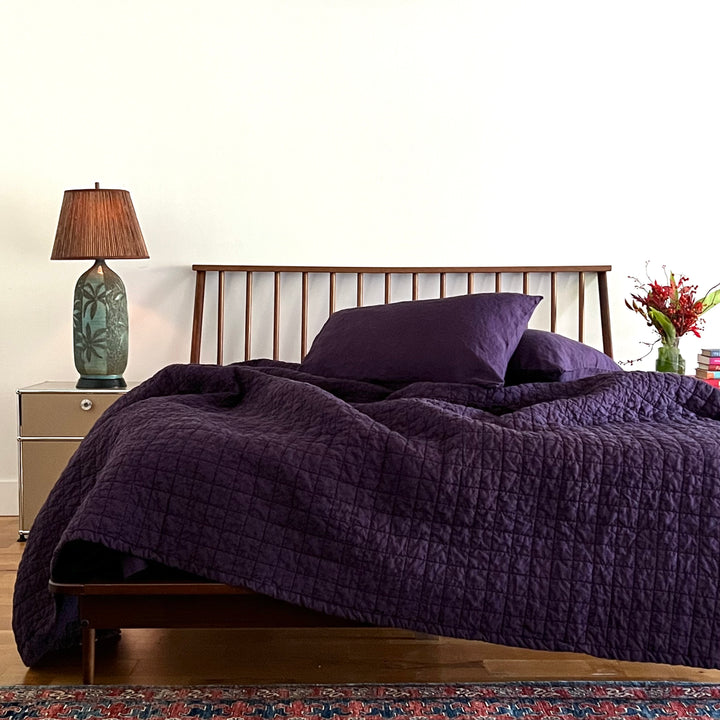 Aubergine Quilted Linen Coverlet